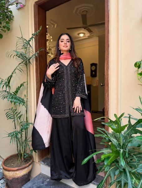 Festive Black French Crap Kurti Plazo Dupatta Set with Heavy Sequin Work Ready To Wear Collection