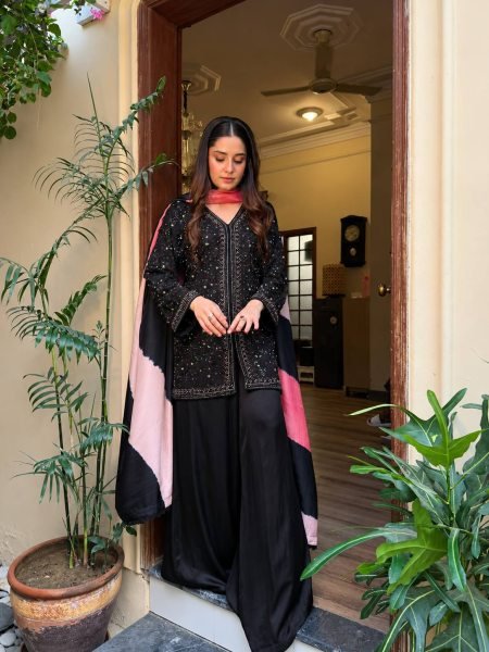 Festive Black French Crap Kurti Plazo Dupatta Set with Heavy Sequin Work Ready To Wear Collection