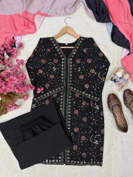 Festive Black French Crap Kurti Plazo Dupatta Set with Heavy Sequin Work Ready To Wear Collection