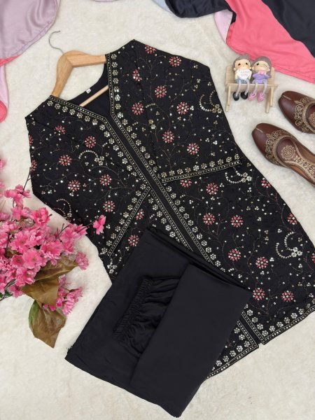 Festive Black French Crap Kurti Plazo Dupatta Set with Heavy Sequin Work Ready To Wear Collection