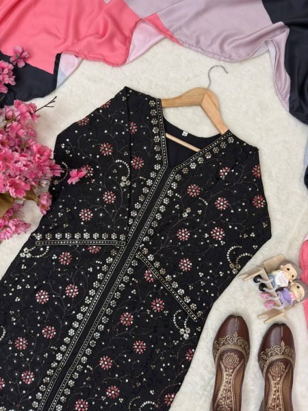 Festive Black French Crap Kurti Plazo Dupatta Set with Heavy Sequin Work Ready To Wear Collection