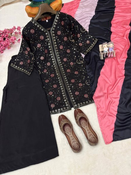 Festive Black French Crap Kurti Plazo Dupatta Set with Heavy Sequin Work Ready To Wear Collection