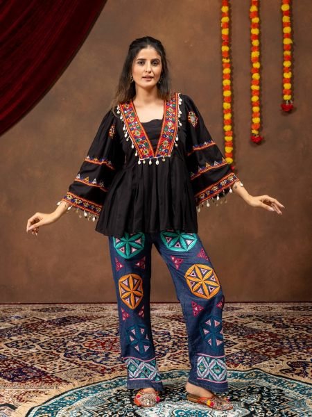 Festive Black Navratri 2026 Rayon Kediya with Denim Jeans Mirror Work Garba Set Kurtis