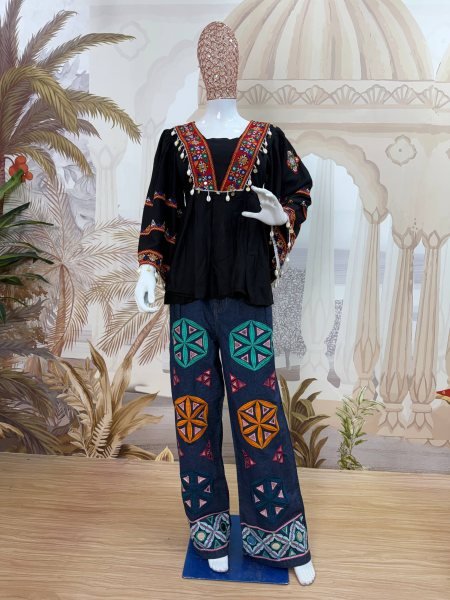 Festive Black Navratri 2026 Rayon Kediya with Denim Jeans Mirror Work Garba Set Tunics kurti