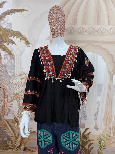 Festive Black Navratri 2026 Rayon Kediya with Denim Jeans Mirror Work Garba Set Tunics kurti