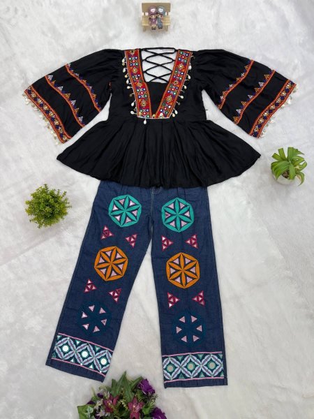 Festive Black Navratri 2026 Rayon Kediya with Denim Jeans Mirror Work Garba Set Tunics kurti