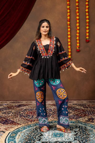 Festive Black Navratri 2026 Rayon Kediya with Denim Jeans Mirror Work Garba Set Tunics kurti