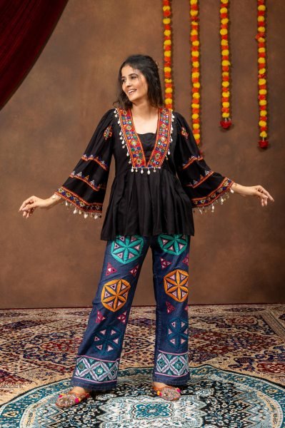 Festive Black Navratri 2026 Rayon Kediya with Denim Jeans Mirror Work Garba Set Tunics kurti