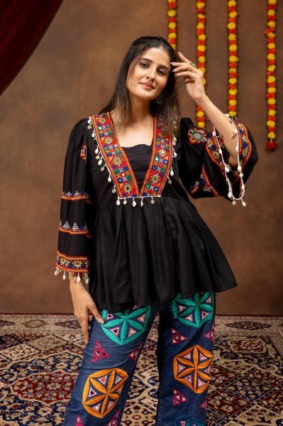 Festive Black Navratri 2026 Rayon Kediya with Denim Jeans Mirror Work Garba Set Tunics kurti