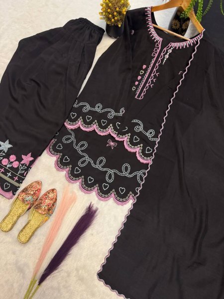 Festive Black Roman Chanderi Silk Farshi Salwar Suit with Sequin Embroidery for Wedding Ready To Wear Collection