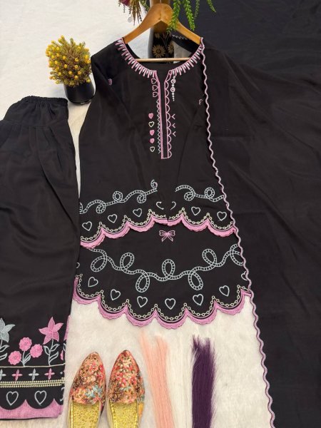 Festive Black Roman Chanderi Silk Farshi Salwar Suit with Sequin Embroidery for Wedding Ready To Wear Collection