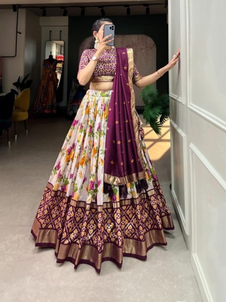 Festive Bloom Wine Tussar Silk Lehenga Choli with Floral & Patola Print Dupatta Navratri Lehnega Choli
