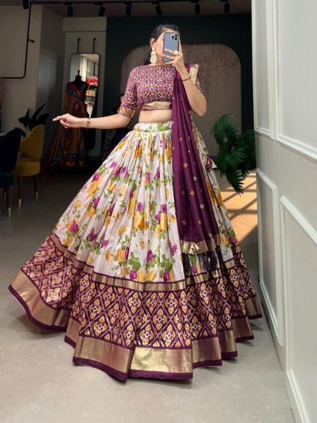 Festive Bloom Wine Tussar Silk Lehenga Choli with Floral & Patola Print Dupatta Navratri Lehnega Choli