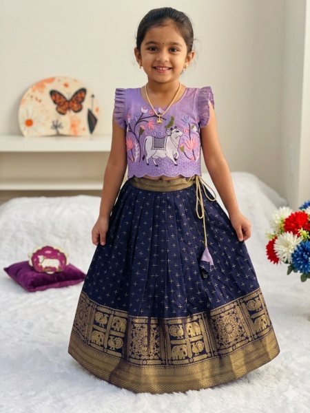 Festive Blue Girls Lehenga Choli with Embroidery Blouse for Festive Wear Kurtis