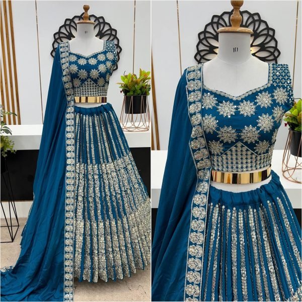Festive Charm Dark Blue Chinnon Silk Lehenga Ready to Wear Global Glam Designer Lehenga Choli