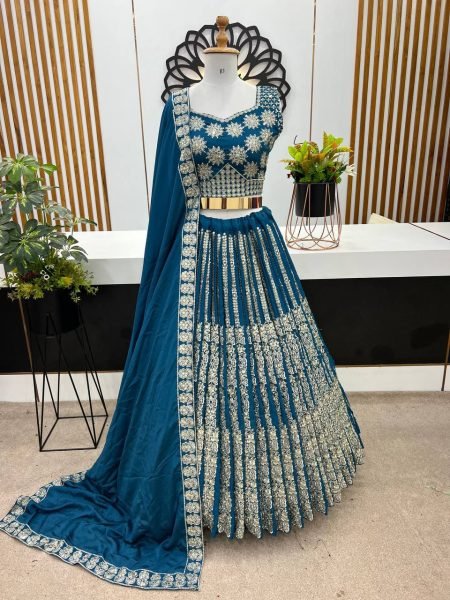 Festive Charm Dark Blue Chinnon Silk Lehenga Ready to Wear Global Glam Designer Lehenga Choli