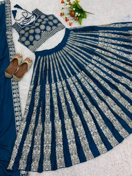 Festive Charm Dark Blue Chinnon Silk Lehenga Ready to Wear Global Glam Designer Lehenga Choli