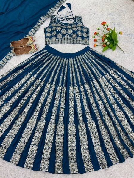 Festive Charm Dark Blue Chinnon Silk Lehenga Ready to Wear Global Glam Designer Lehenga Choli