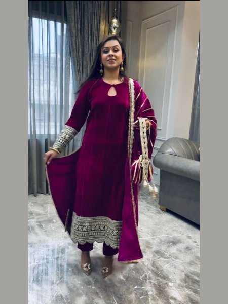 Festive Charm Pink Velvet Suit for Winter Wedding Wear at Manufacturer Rate Winter Wear