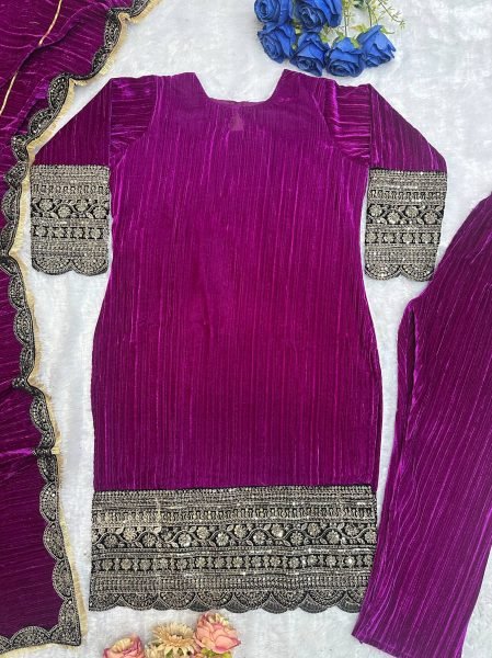 Festive Charm Pink Velvet Suit for Winter Wedding Wear at Manufacturer Rate Ready To Wear Collection
