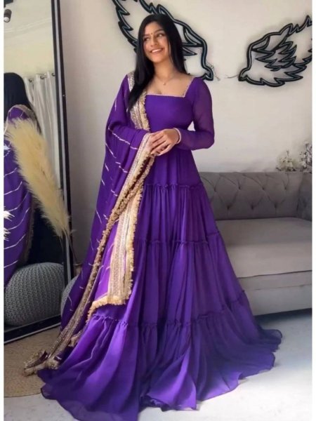 Festive-charm Purple 15m Flair Georgette Ruffle Anarkali with Dupatta for Party Wear Georgette Kurti 