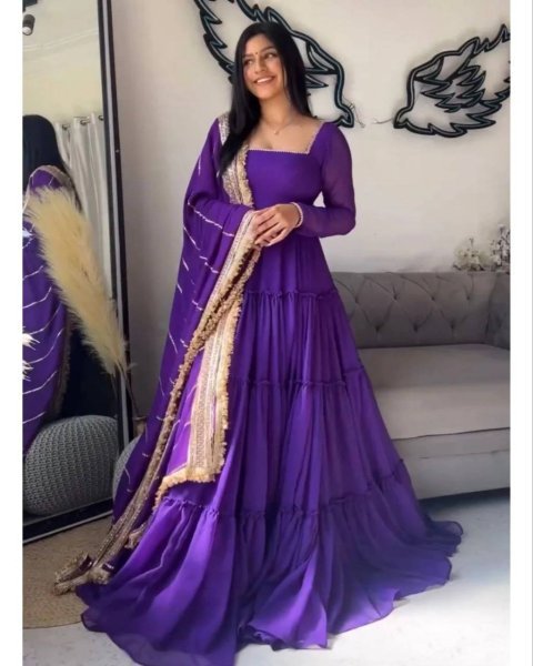 Festive-charm Purple 15m Flair Georgette Ruffle Anarkali with Dupatta for Party Wear Georgette Kurti 