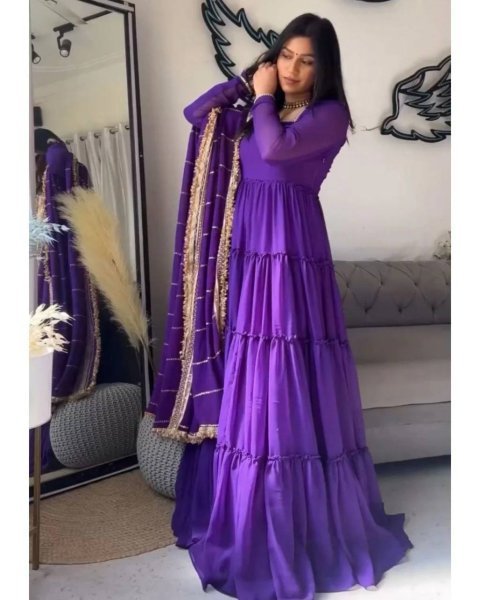 Festive-charm Purple 15m Flair Georgette Ruffle Anarkali with Dupatta for Party Wear Georgette Kurti 