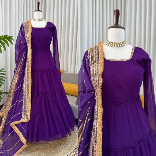 Festive-charm Purple 15m Flair Georgette Ruffle Anarkali with Dupatta for Party Wear Georgette Kurti 