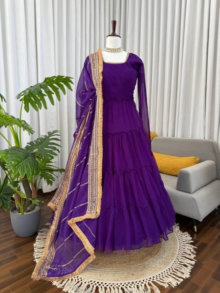 Festive-charm Purple 15m Flair Georgette Ruffle Anarkali with Dupatta for Party Wear Georgette Kurti 