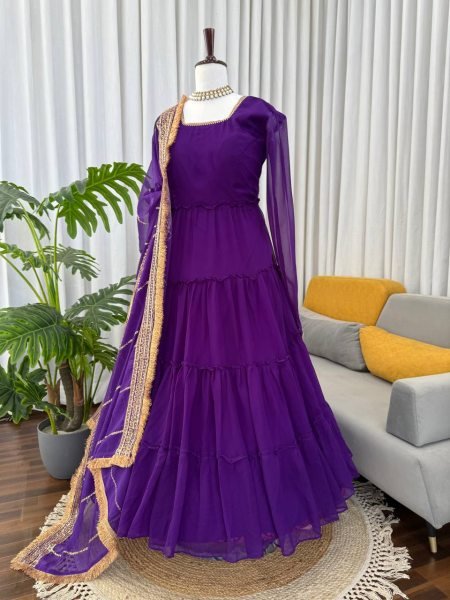 Festive-charm Purple 15m Flair Georgette Ruffle Anarkali with Dupatta for Party Wear Georgette Kurti 