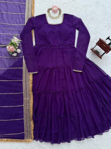 Festive-charm Purple 15m Flair Georgette Ruffle Anarkali with Dupatta for Party Wear Georgette Kurti 