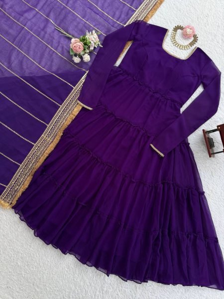 Festive-charm Purple 15m Flair Georgette Ruffle Anarkali with Dupatta for Party Wear Georgette Kurti 