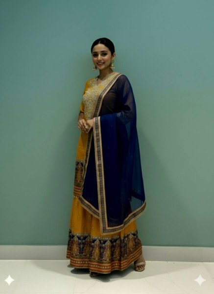 Festive-charm Yellow Ready to Wear Mirror & Embroidery Work Top-Plazzo-Dupatta Set with Digital Print for Wedding Wear Ready To Wear Collection