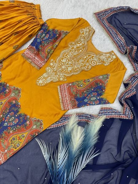 Festive-charm Yellow Ready to Wear Mirror & Embroidery Work Top-Plazzo-Dupatta Set with Digital Print for Wedding Wear Ready To Wear Collection
