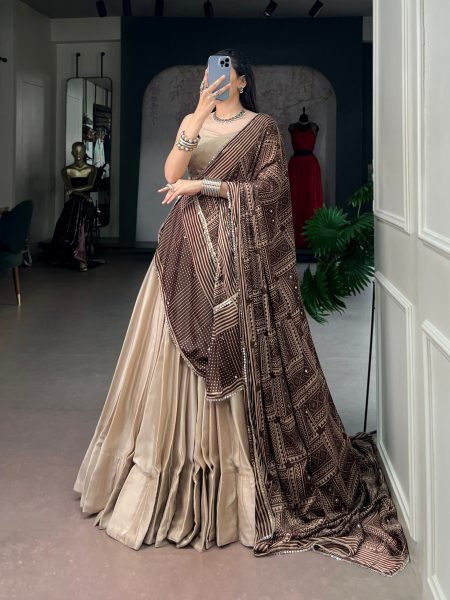 Festive Cream Designer Moonga Silk Lehenga Set with 8 Meter Flair at Wholesale Rate Navratri Lehnega Choli