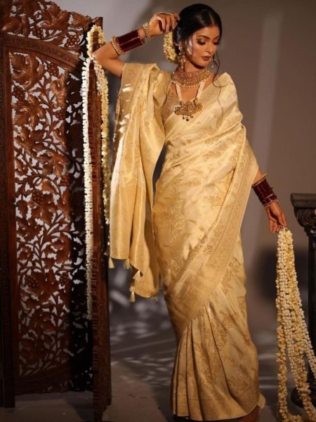 Festive Cream Soft Lichi Silk Saree with Rich Jacquard Weaving and Heavy Brocade Blouse Sarees 