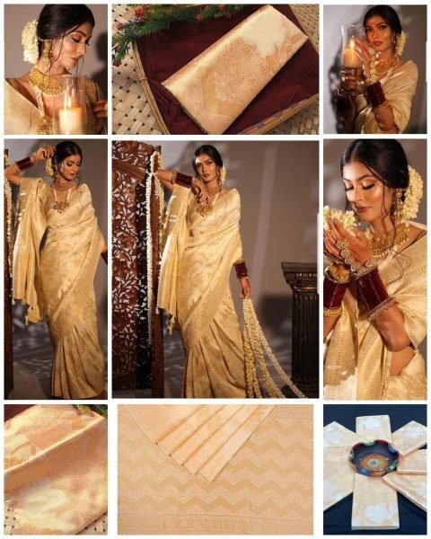 Festive Cream Soft Lichi Silk Saree with Rich Jacquard Weaving and Heavy Brocade Blouse Silk Sarees Wholesale