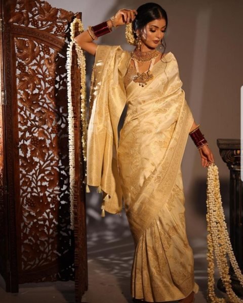 Festive Cream Soft Lichi Silk Saree with Rich Jacquard Weaving and Heavy Brocade Blouse Silk Sarees Wholesale