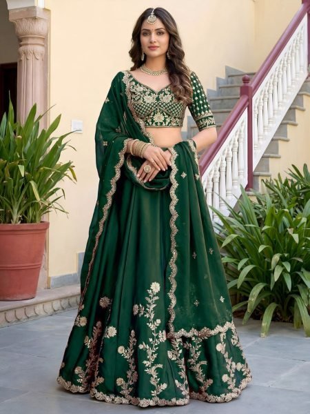 Festive Dark Green Rangoli Silk Semi Stitched Lehenga with Embroidered Blouse and Dupatta  Lehenga