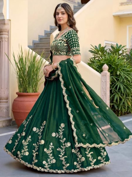 Festive Dark Green Rangoli Silk Semi Stitched Lehenga with Embroidered Blouse and Dupatta Designer Lehenga Choli
