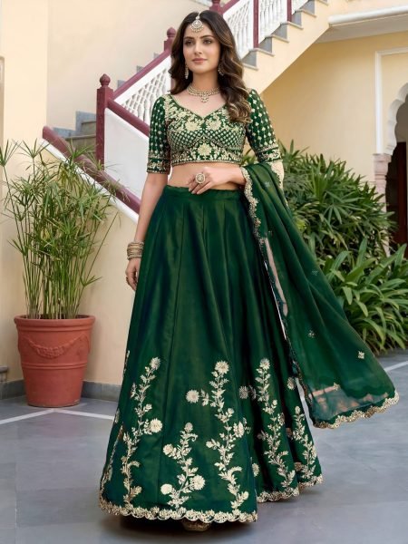 Festive Dark Green Rangoli Silk Semi Stitched Lehenga with Embroidered Blouse and Dupatta Designer Lehenga Choli
