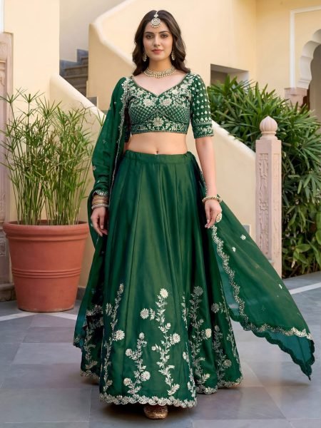 Festive Dark Green Rangoli Silk Semi Stitched Lehenga with Embroidered Blouse and Dupatta Designer Lehenga Choli