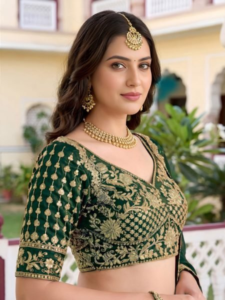 Festive Dark Green Rangoli Silk Semi Stitched Lehenga with Embroidered Blouse and Dupatta Designer Lehenga Choli