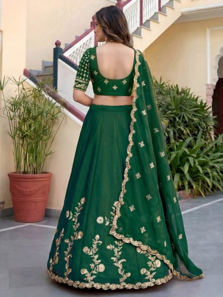Festive Dark Green Rangoli Silk Semi Stitched Lehenga with Embroidered Blouse and Dupatta Designer Lehenga Choli