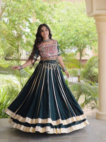 Festive Dark Green Rayon Navratri Lehenga with Double Ghera and Gota Patti Lace   Lehenga