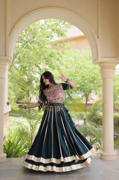Festive Dark Green Rayon Navratri Lehenga with Double Ghera and Gota Patti Lace  Navratri Lehnega Choli