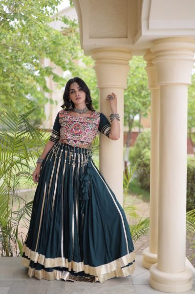 Festive Dark Green Rayon Navratri Lehenga with Double Ghera and Gota Patti Lace  Navratri Lehnega Choli