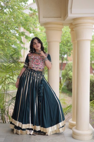 Festive Dark Green Rayon Navratri Lehenga with Double Ghera and Gota Patti Lace  Navratri Lehnega Choli