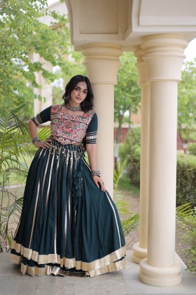 Festive Dark Green Rayon Navratri Lehenga with Double Ghera and Gota Patti Lace  Navratri Lehnega Choli