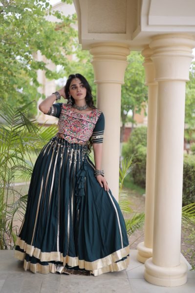 Festive Dark Green Rayon Navratri Lehenga with Double Ghera and Gota Patti Lace  Navratri Lehnega Choli